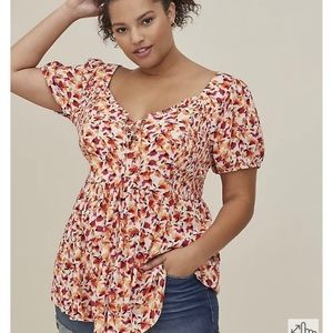 Torrid Babydoll Crinkle Gauze Smoked Back Puff Sleeve Top.